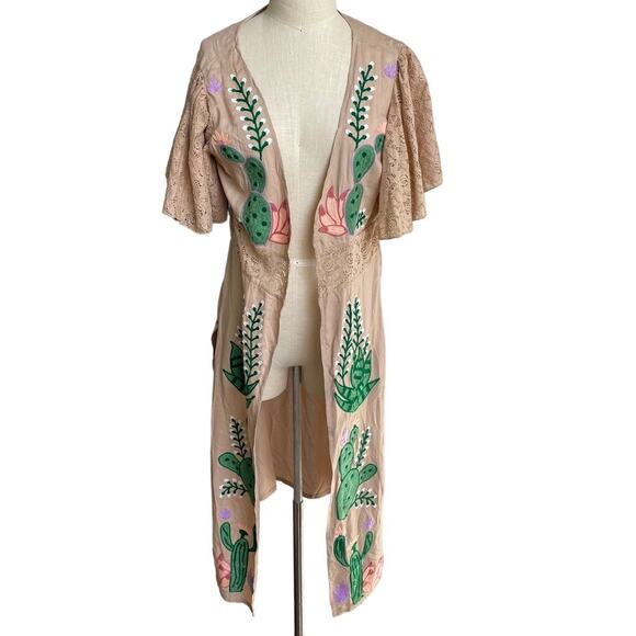 Pink And Silver Tops - Embroidered Cactus Long Lace Kimono